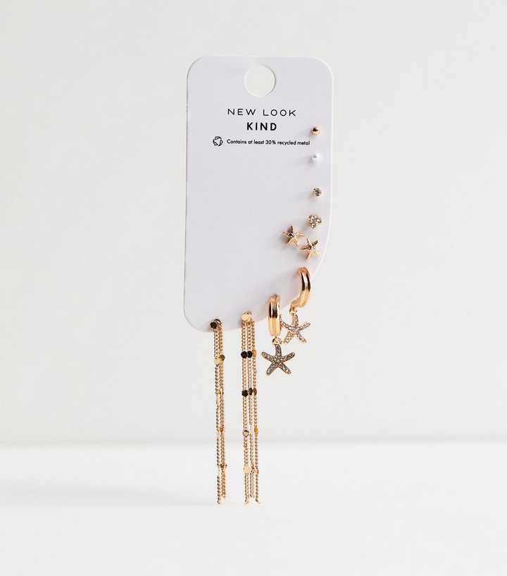 Pack of 7 Gold Tone Coastal Drop and Stud Earrings
