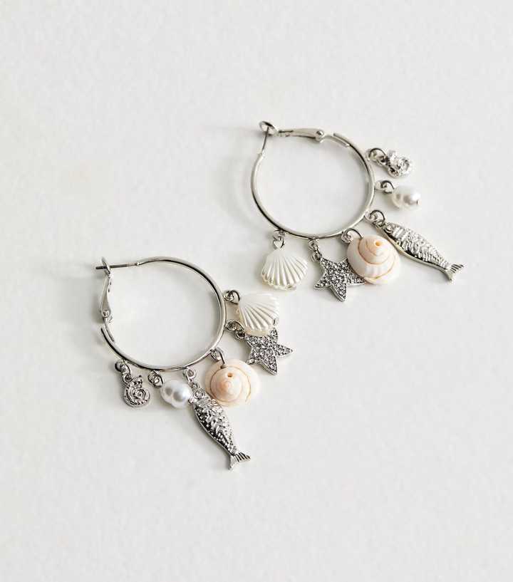 Silver Tone Coastal Charm Hoop Earrings