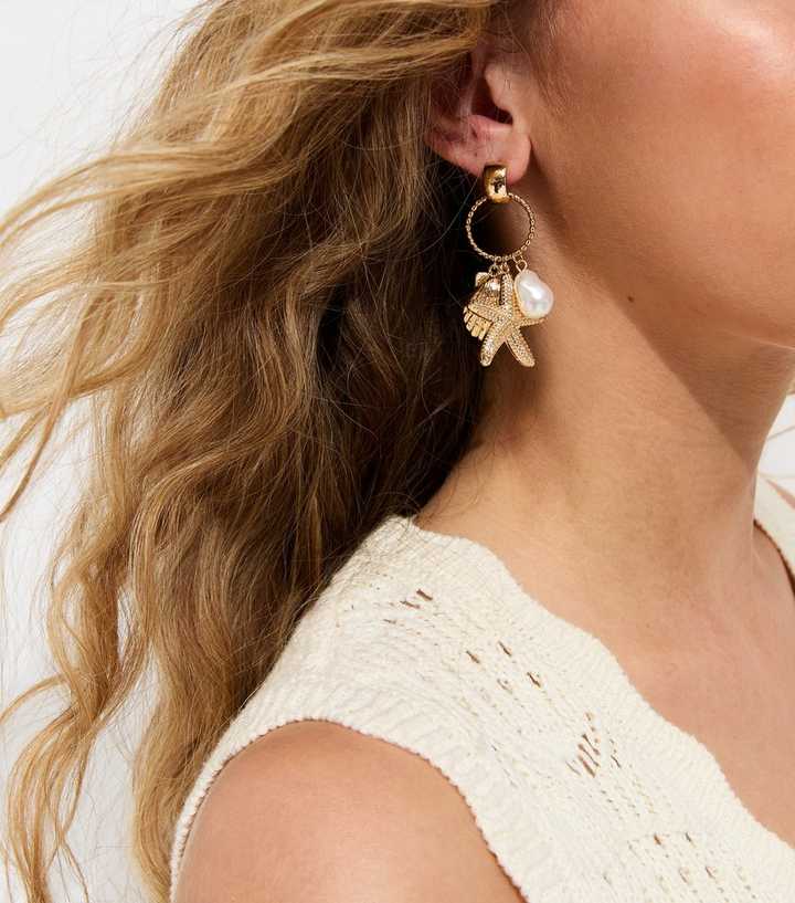 Gold Tone Starfish Charm Drop Earrings