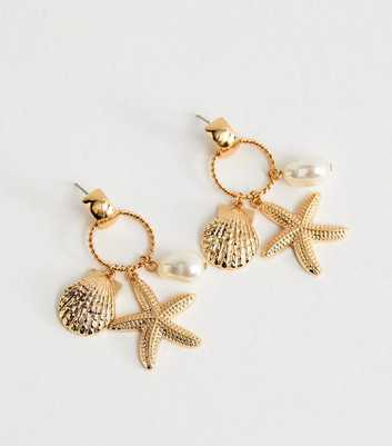 Gold Tone Starfish Charm Drop Earrings
