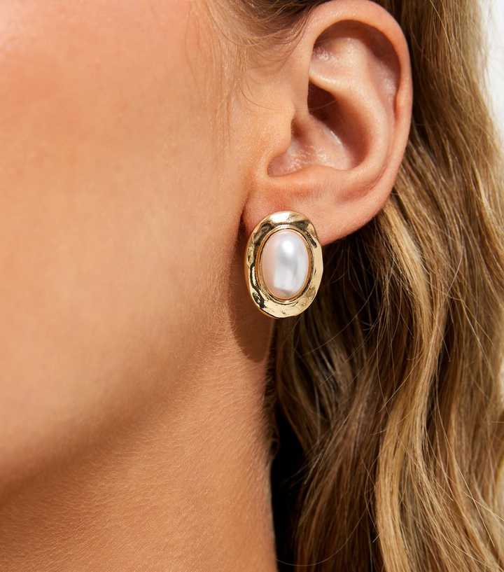 Gold Tone Faux Pearl Oval Stud Earrings