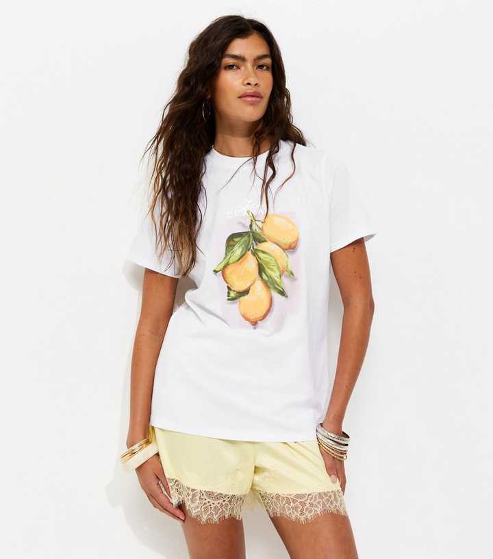 White Cotton Lemon Print Relaxed Fit T-Shirt