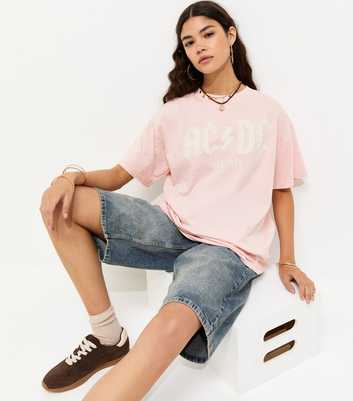 Pink ACDC Print Embellished Oversized T-Shirt