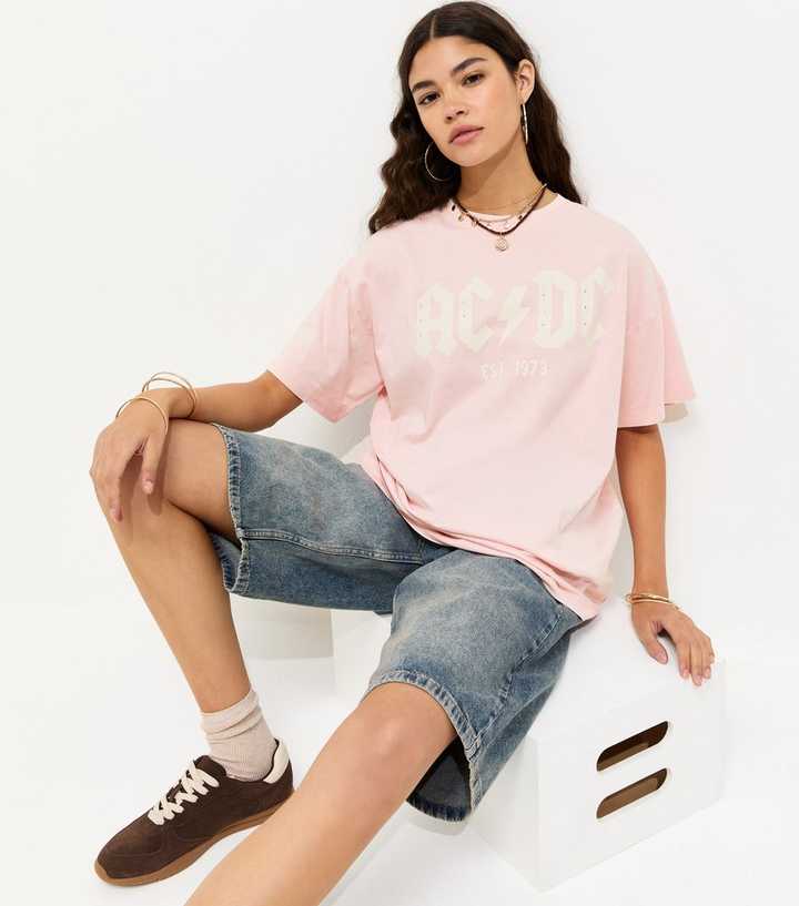 Pink ACDC Print Embellished Oversized T-Shirt | New Look