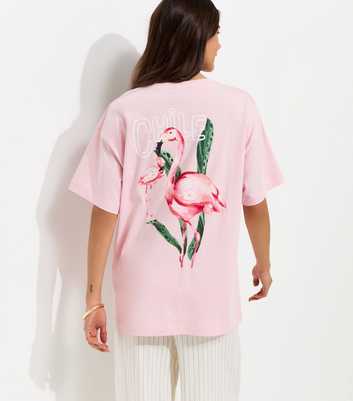Light Pink Cotton Flamingo Print Oversized T-Shirt