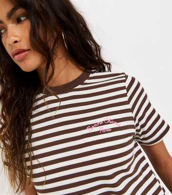 Brown Striped Bonne Chance Embroidered T-Shirt