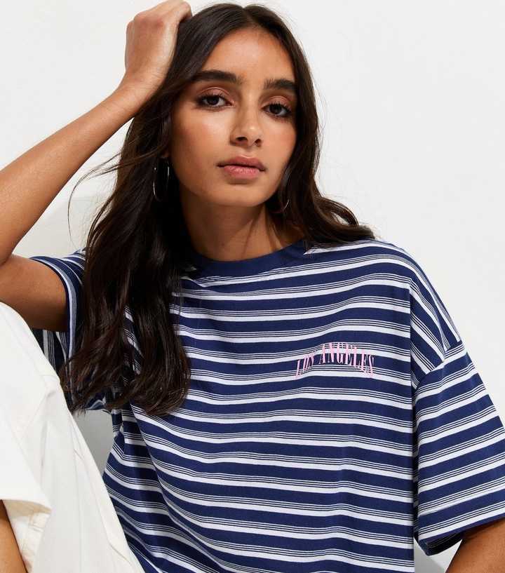 Blue Cotton Striped Los Angeles Logo Oversized T-Shirt