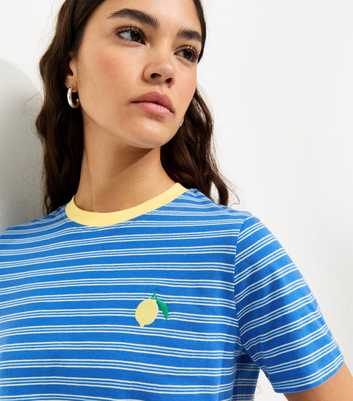 Blue Striped Lemon Embroidered T-Shirt