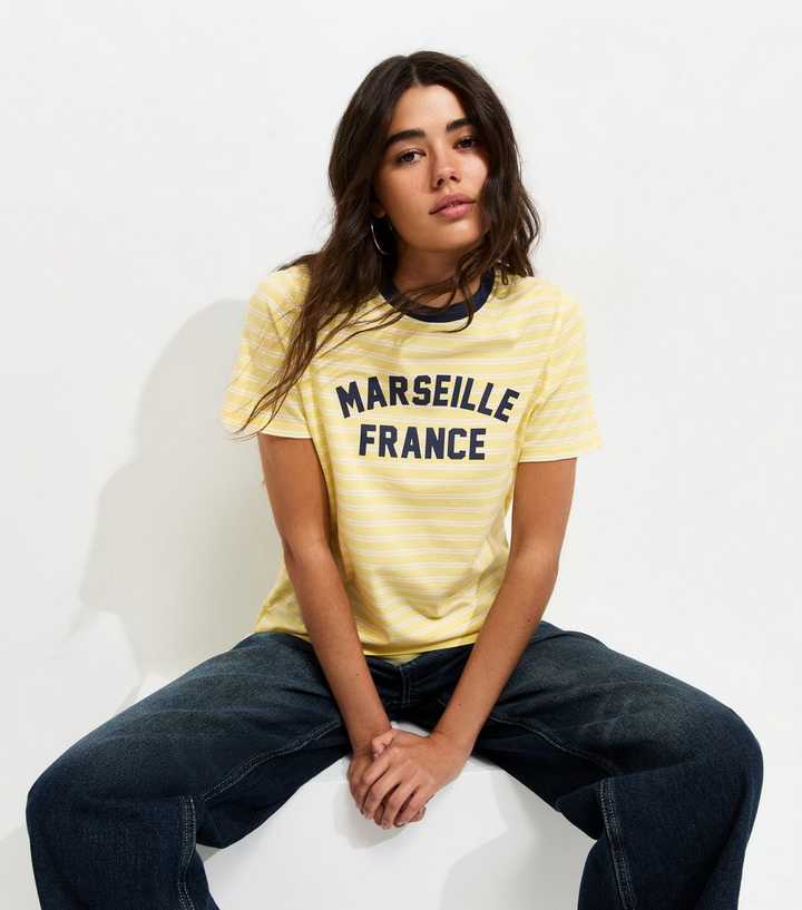 Yellow Cotton Striped Marseille Print Relaxed T-Shirt