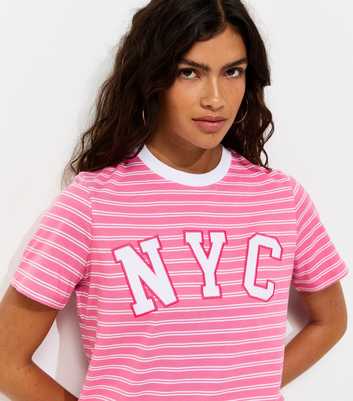 Pink Cotton Striped NYC Relaxed Fit T-Shirt