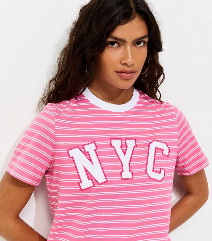 Pink Cotton Striped NYC Relaxed Fit T-Shirt
