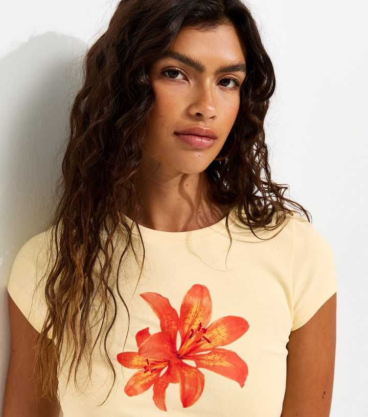 Light Yellow Cotton Rich Tiger Lily Print Baby Tee T-Shirt