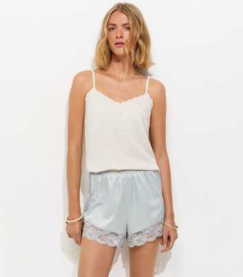 Light Blue Satin Lace Hem Shorts