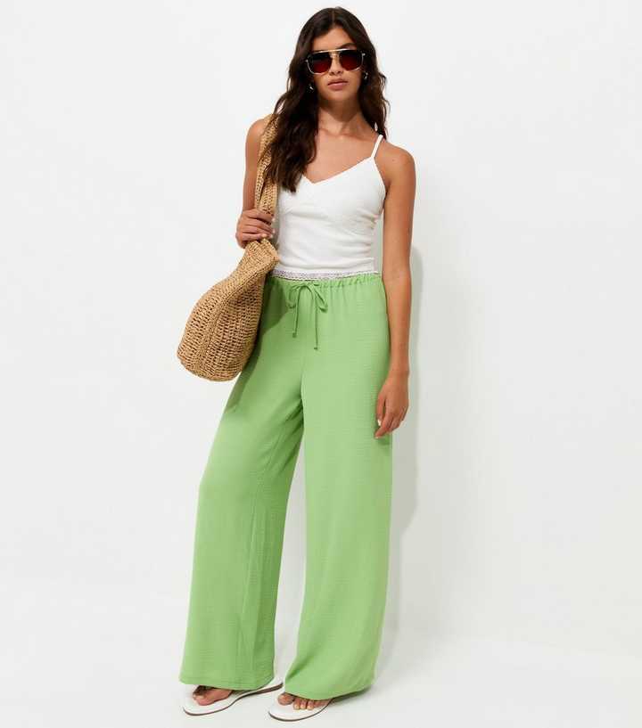Light Green Drawstring Waist Wide Leg Trousers