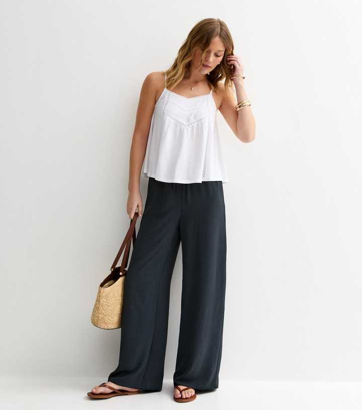 Navy Drawstring Waist Wide Leg Trousers