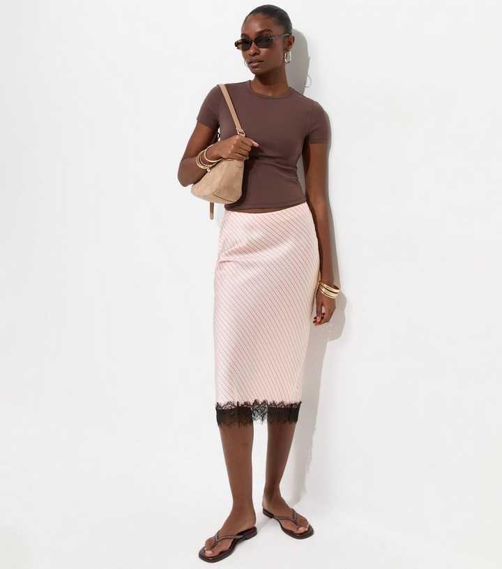 Pink Diagonal Stripe Lace Trim Satin Skirt
