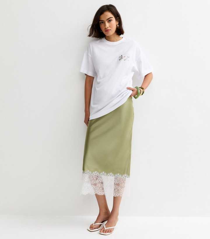 Light Green Deep Lace Trim Midi Skirt