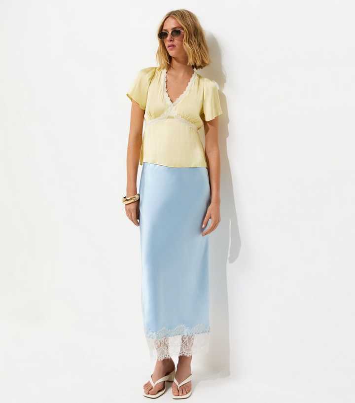 Light Blue Deep Lace Trim Midi Skirt