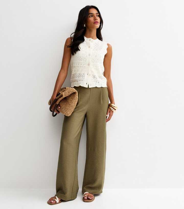 Dark Khaki Pull On Wide Leg Trousers