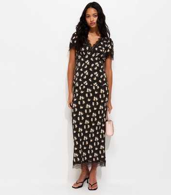 Black Floral Print Lace Trim Midi Skirt