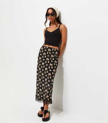 Black Floral Print Lace Trim Midi Skirt