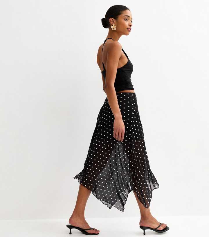 Black Mesh Polka Dot Hanky Hem Midi Skirt