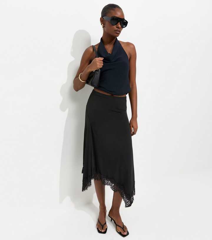 Black Lace Trim Hanky Hem Midi Skirt