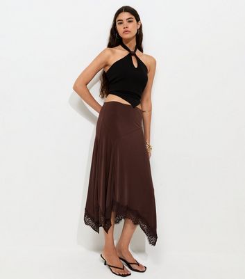 Dark Brown Lace Trim Hanky Hem Midi Skirt | New Look