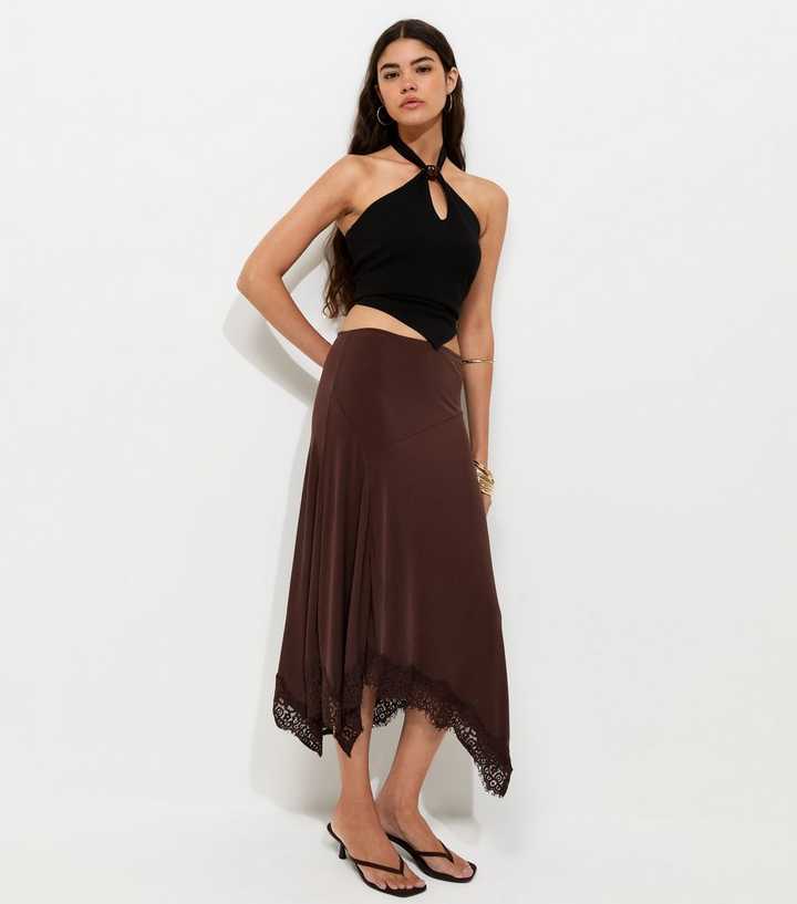 Dark Brown Lace Trim Hanky Hem Midi Skirt