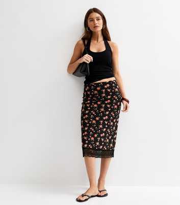 Black Floral Mesh Midi Skirt