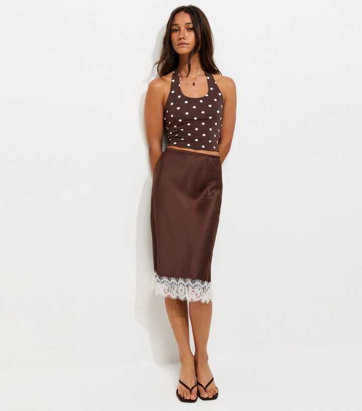 Dark Brown Satin Lace Trim Midi Skirt