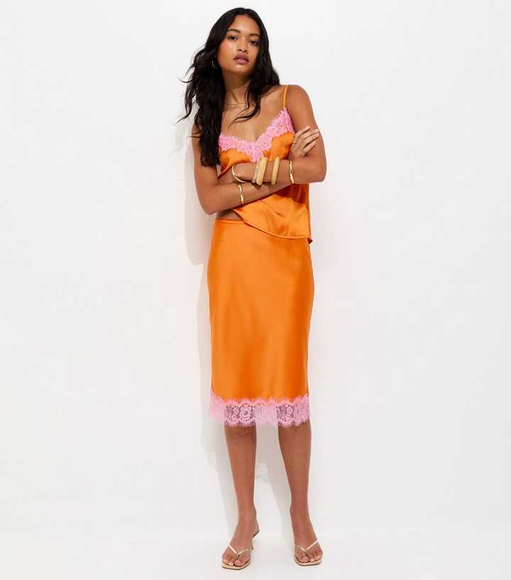 Burnt Orange Satin Lace Hem Midi Skirt