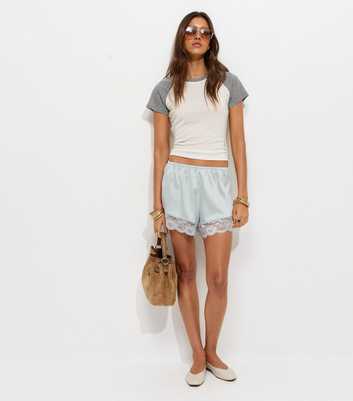 Light Blue Lace Trimmed Satin Shorts