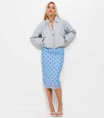 Light Blue Polka Dot Lace Trim Mesh Midi Skirt