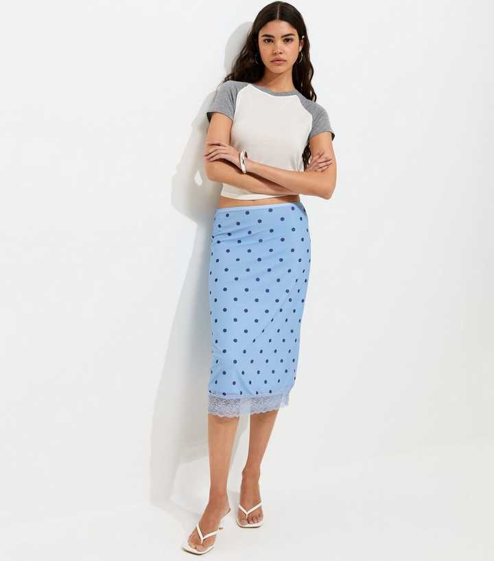Light Blue Polka Dot Lace Trim Mesh Midi Skirt