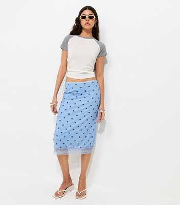 Light Blue Polka Dot Lace Trim Mesh Midi Skirt