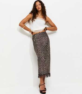 Brown Satin Spotty Lace Trim Midi Skirt