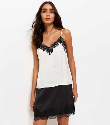 Black Satin A line Lace Trim Mini Skirt