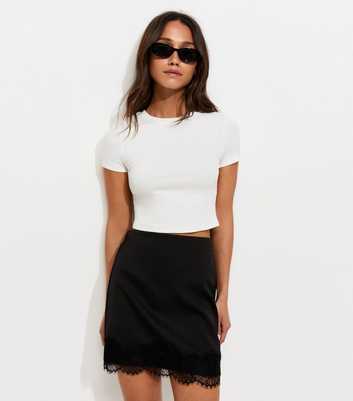 Black Satin A line Lace Trim Mini Skirt