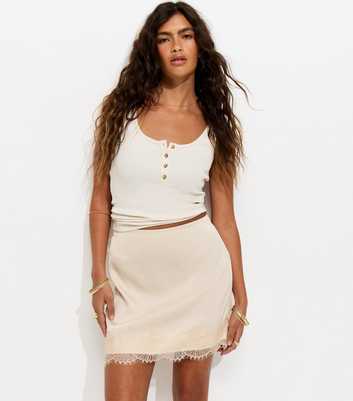 Cream Satin A line Lace Trim Mini Skirt