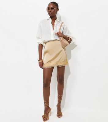 Mink Satin A line Lace Trim Mini Skirt