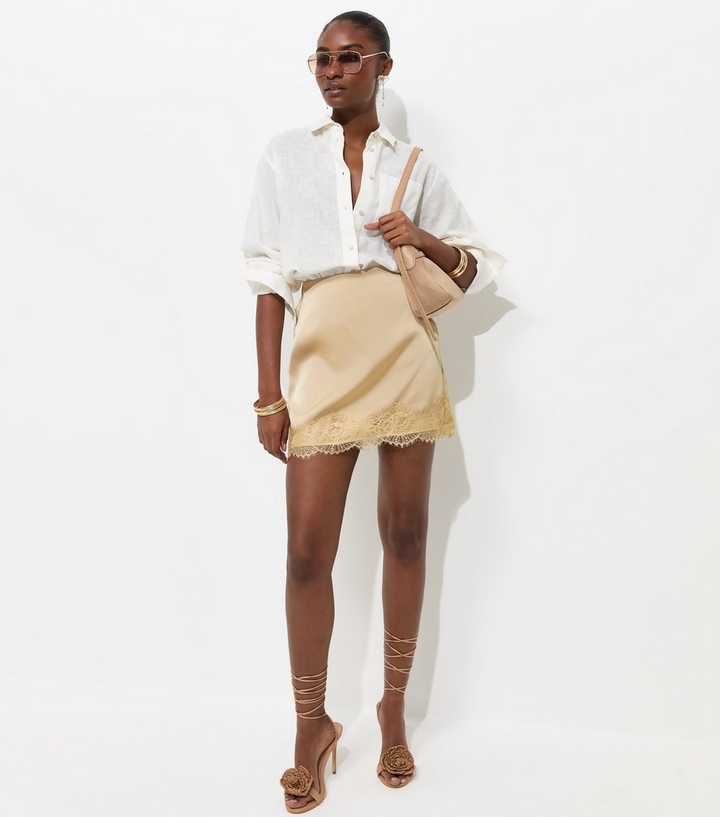 Mink Satin A line Lace Trim Mini Skirt