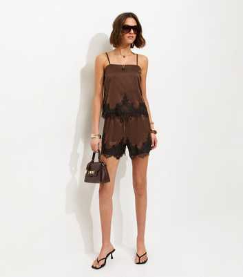 Brown Satin Tie Lace Trim Shorts