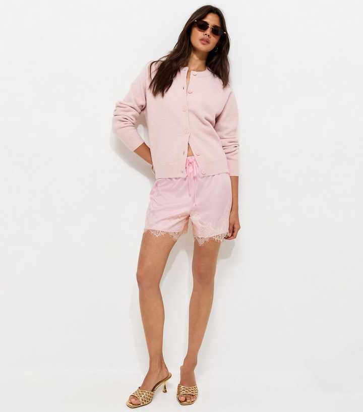 Light Pink Satin Tie Lace Trim Shorts
