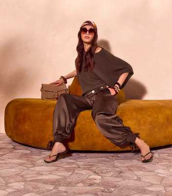 Dark Brown Tie Cuff Satin Trousers