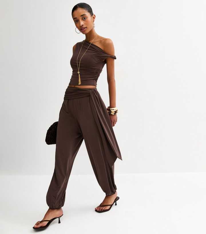 Dark Brown Tie Waist Tapered Trousers
