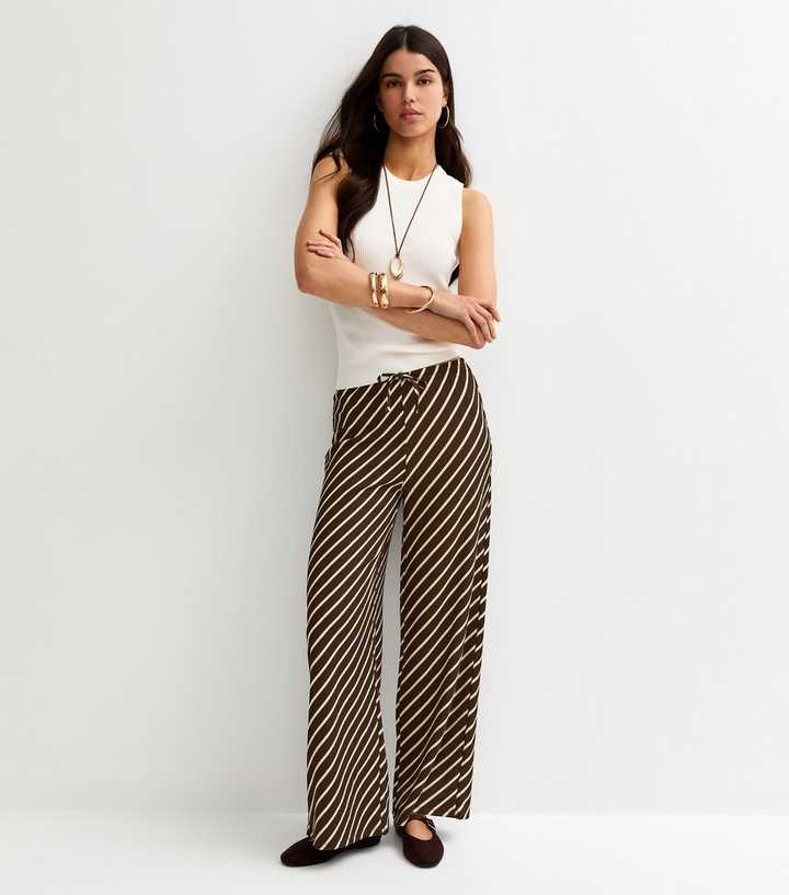 Brown Crinkled Striped Wide Leg Trousers