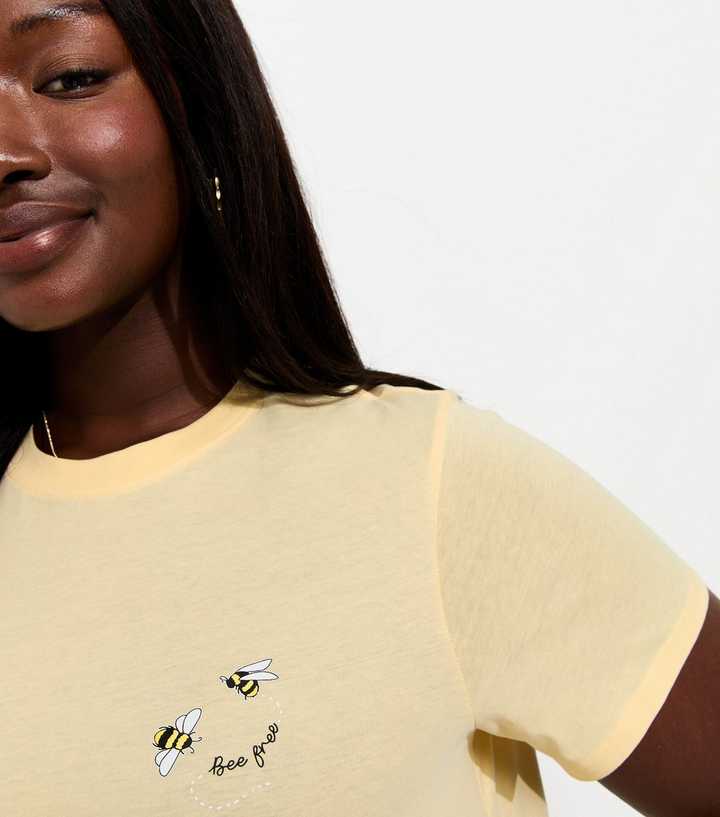 Curves Light Yellow Cotton Bee Free Print Relaxed T-Shirt
