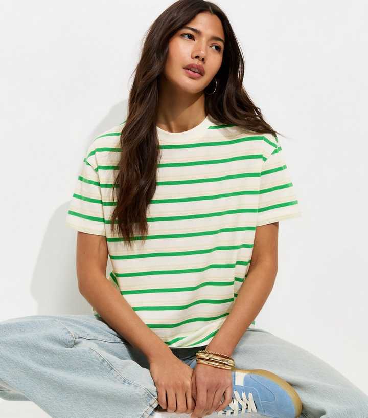 Green Cotton Striped Boxy T-Shirt