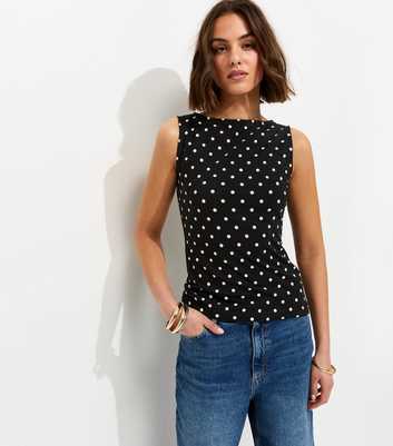 Black Cotton Rich Polka Dot Slash Neck Sleeveless Top